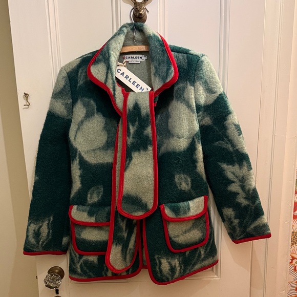 Carleen Jackets & Blazers - Carleen Green & Cream Fleece Jacket with Red Trim
